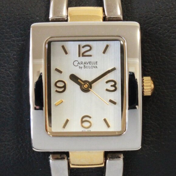 Caravelle Ladies Silver Tone With Gold Accents ½ Bangle Bracelet MOP Dial 16mm - Picture 9 of 15
